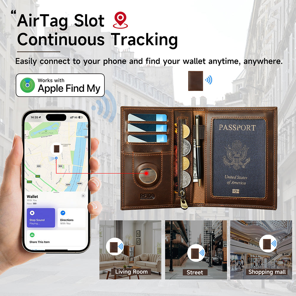 Genuine Leather Passport Holder with AirTag Hidden