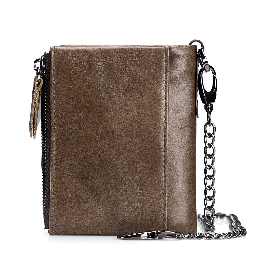 RFID Blocking Leather Bifold Wallet with Chain