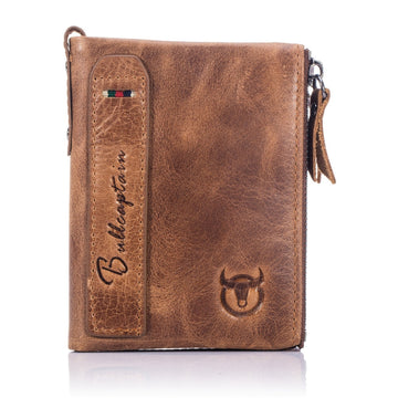 Men’s Leather RFID Bifold Wallet with Double Zipper Purse
