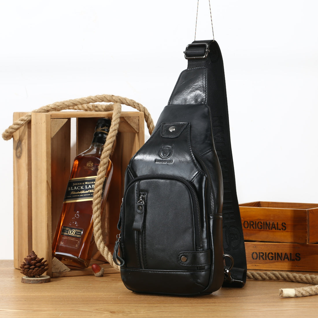 Men's Genuine Leather Chest Bag with USB Port